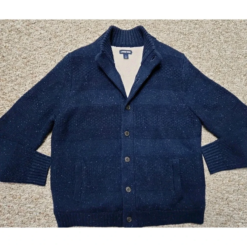 Lands' End Navy Textured Wool Blend Sherpa Trim Button Sweater Men's Large 42-44